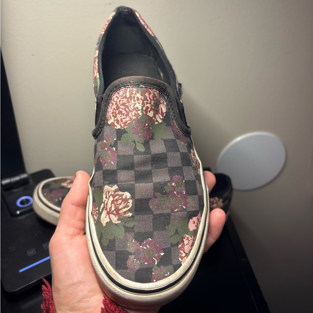 Vans Floral Checkered Slip-On Sneakers - Black and Pink - Picture 4 of 5